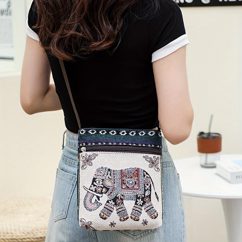 Ethnic Style Canvas Crossbody Bag, Animal Embroidery Square Purse, Women's Phone Bag For Work & Travel