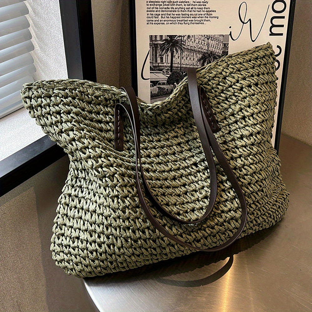 Straw Woven Large Capacity Tote Bag, Lightweight Shopping Zipper Shoulder Bag, Exquisite Summer Beach Handbag