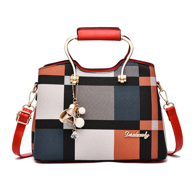 Women's Colorblock Plaid Pattern Pendant Decor Shoulder Bag, Crossbody Bag, Handbag