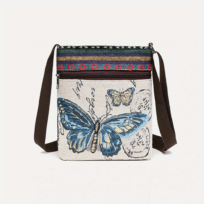 Ethnic Style Canvas Crossbody Bag, Animal Embroidery Square Purse, Women's Phone Bag For Work & Travel