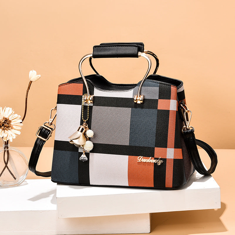 Women's Colorblock Plaid Pattern Pendant Decor Shoulder Bag, Crossbody Bag, Handbag